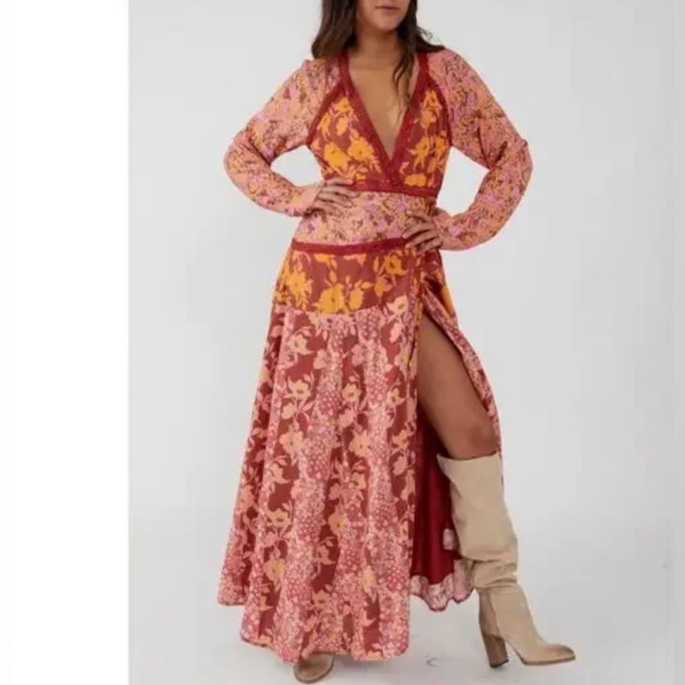 Free People Tilda pink and orange and pink maxi wrap dress with lace.Size Large